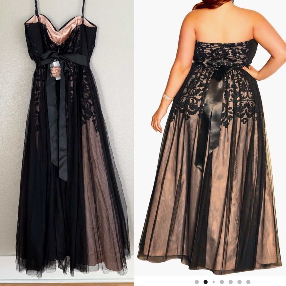 City Chic Plus Size Black & Nude Lace Maxi Dress with Embellished Belt - Picture 3 of 6